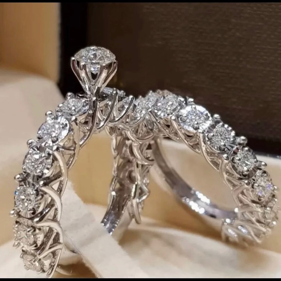 Silver Round Cut Rhinestone Wedding Rings Set - Picture 1 of 11